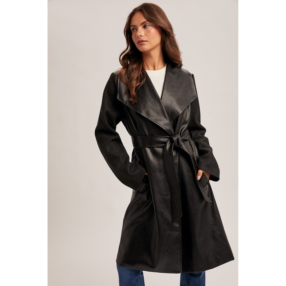 Hem & Thread Mixed Faux Leather Belted Wrap Coat Black Large Oversized NWT